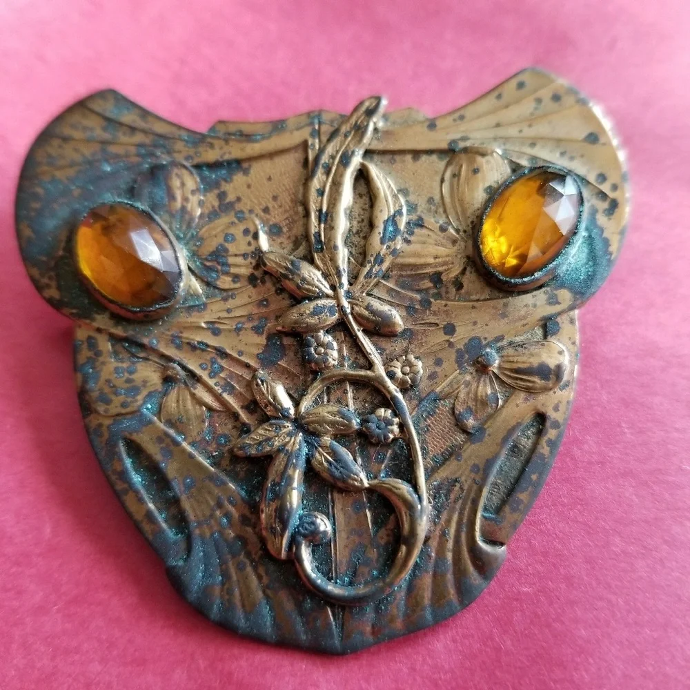 Vintage Art Nouveau brooch large yellow gem gold sash pin